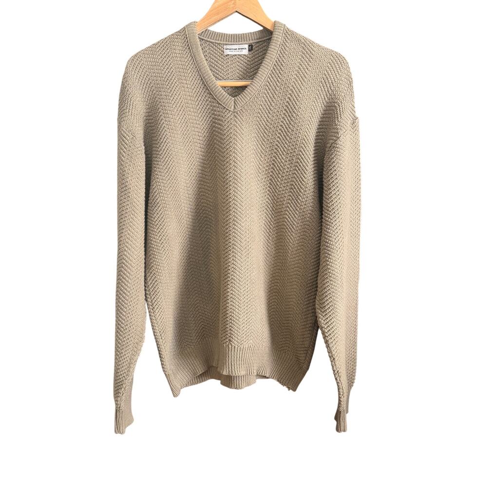 AMERICAN TRENCH | Tan Chunky Herringbone Knit High V Neck Sweater | XXL